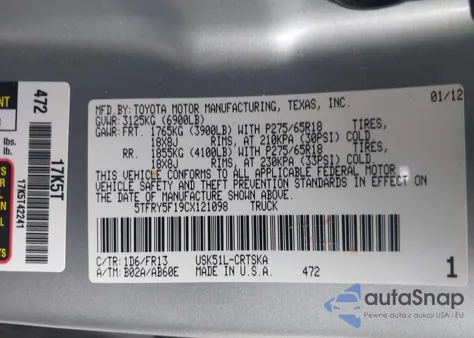 2012 Toyota Tundra Grade 5.7L V8 z USA, uszkodzony, nr VIN 5TFRY5F19CX121098